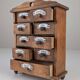 Cabinet à épices en bois rustique espagnol avec étiquettes en céramique, années 1930