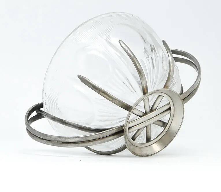 Sugar bowl, new look postmodernism, silver-plated brass and glass, Poland, 1970s