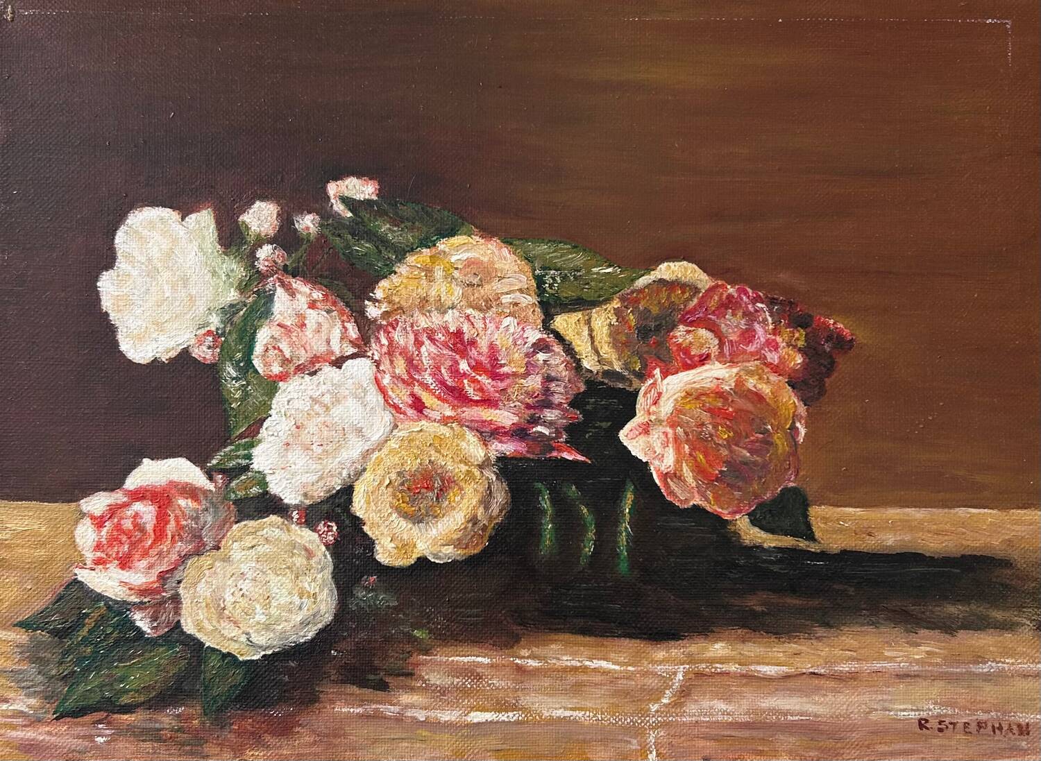 Tableau bouquet de roses anciennes signé R.Stephan