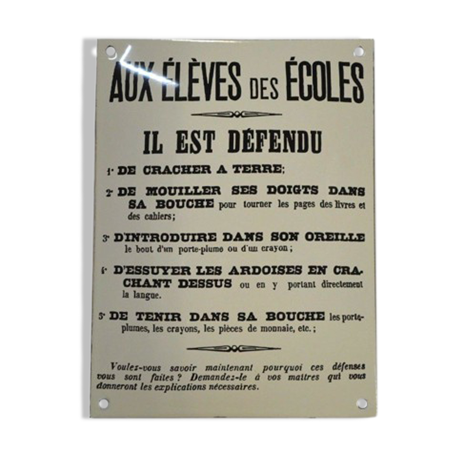 Plaque émaillée "aux élèves des écoles ..."