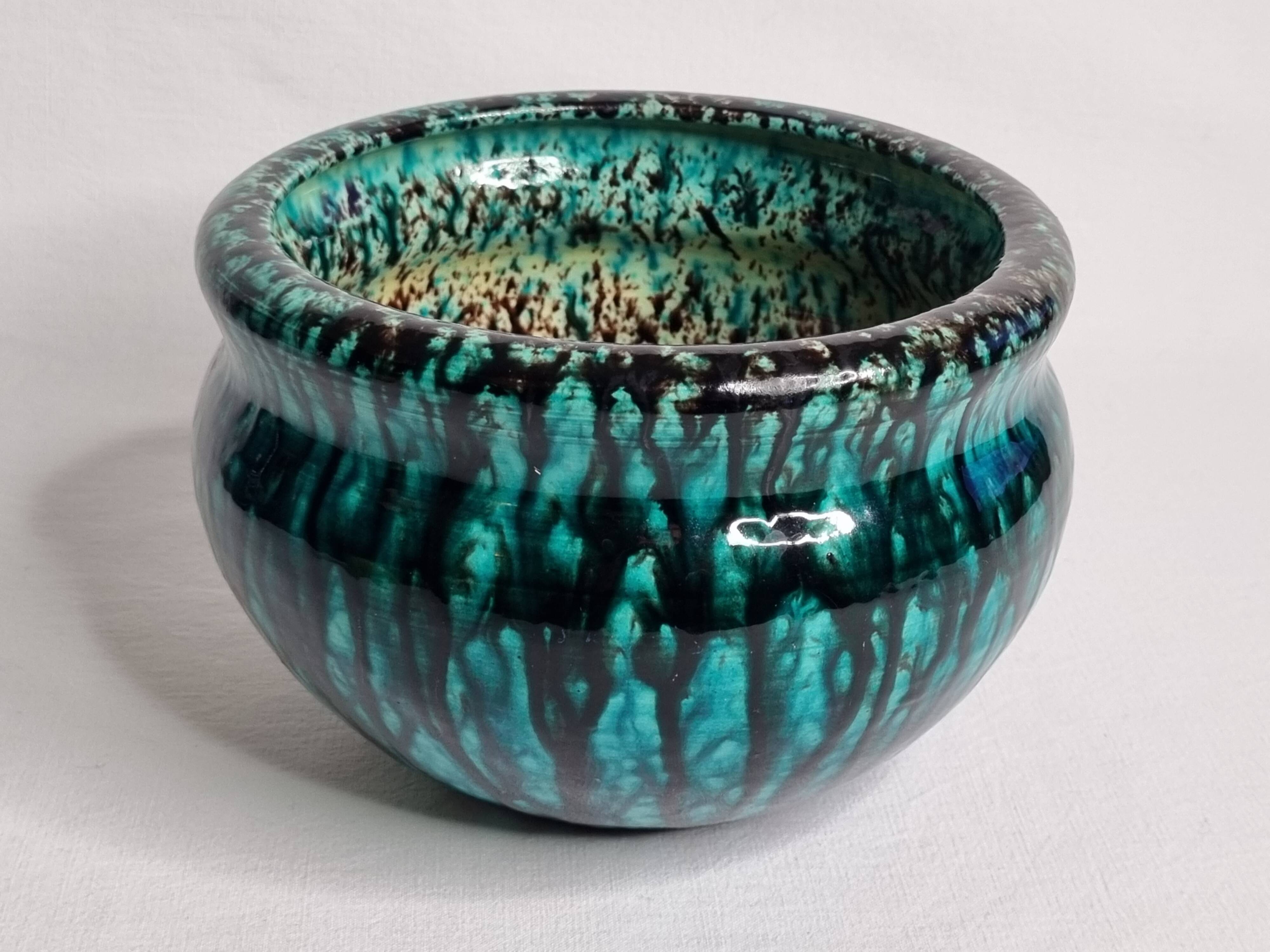 Turquoise and black glazed stoneware bowl – signed Accolay