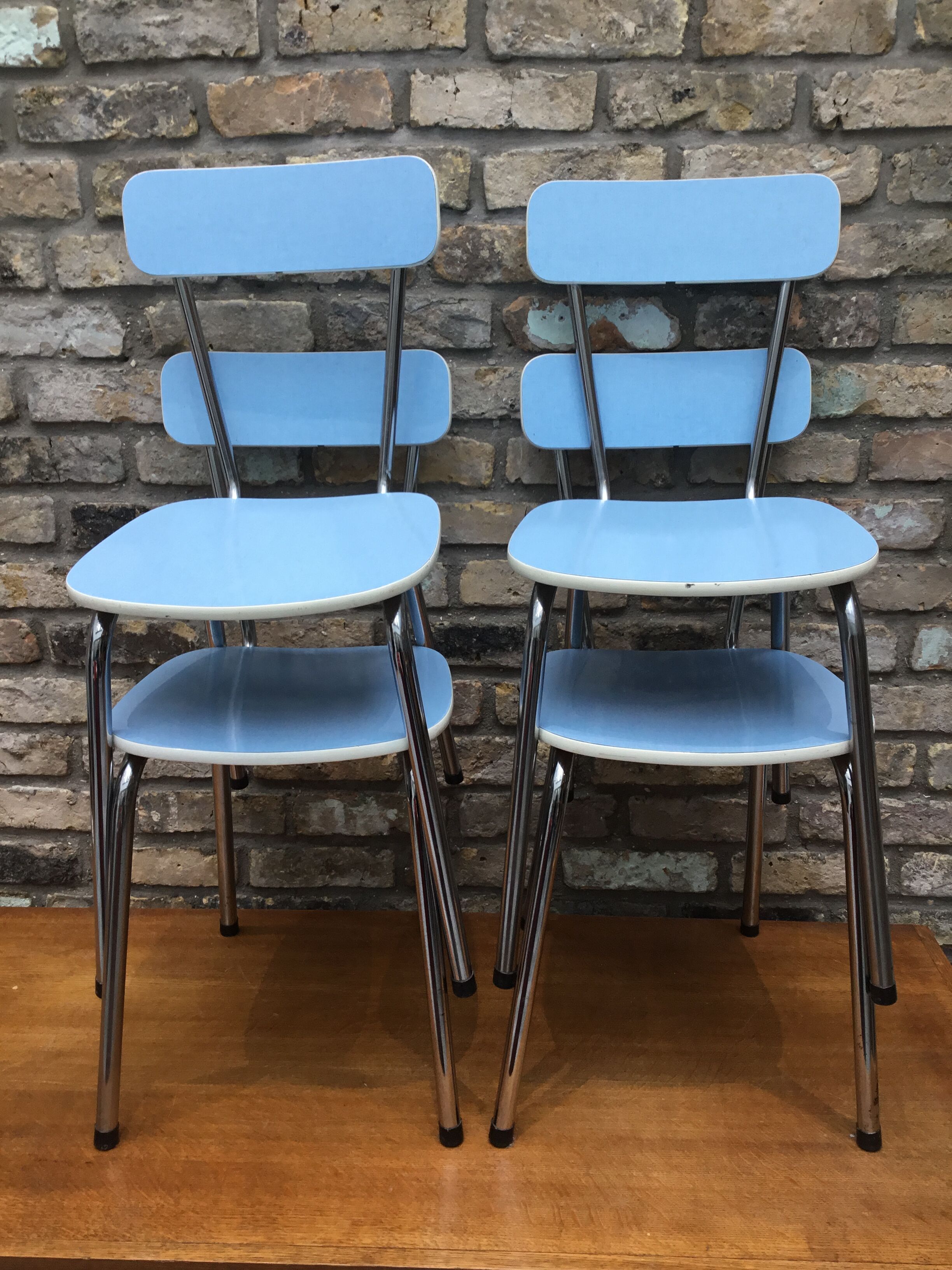 A set of Four vintage chairs in blue Formica and chrome legs 1960s