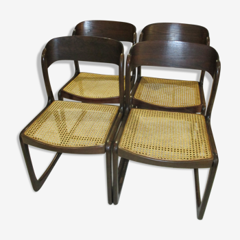 Suite de 4 chaises Baumann cannées modèle traineau 1970