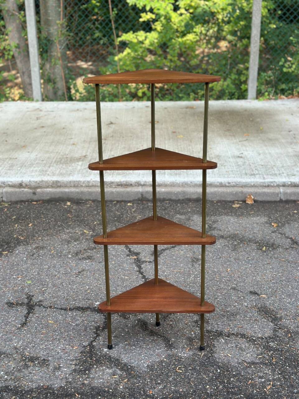 Mid-Century 4-Tier Corner Shelf in Solid Teak/Mahogany Brass 1960
