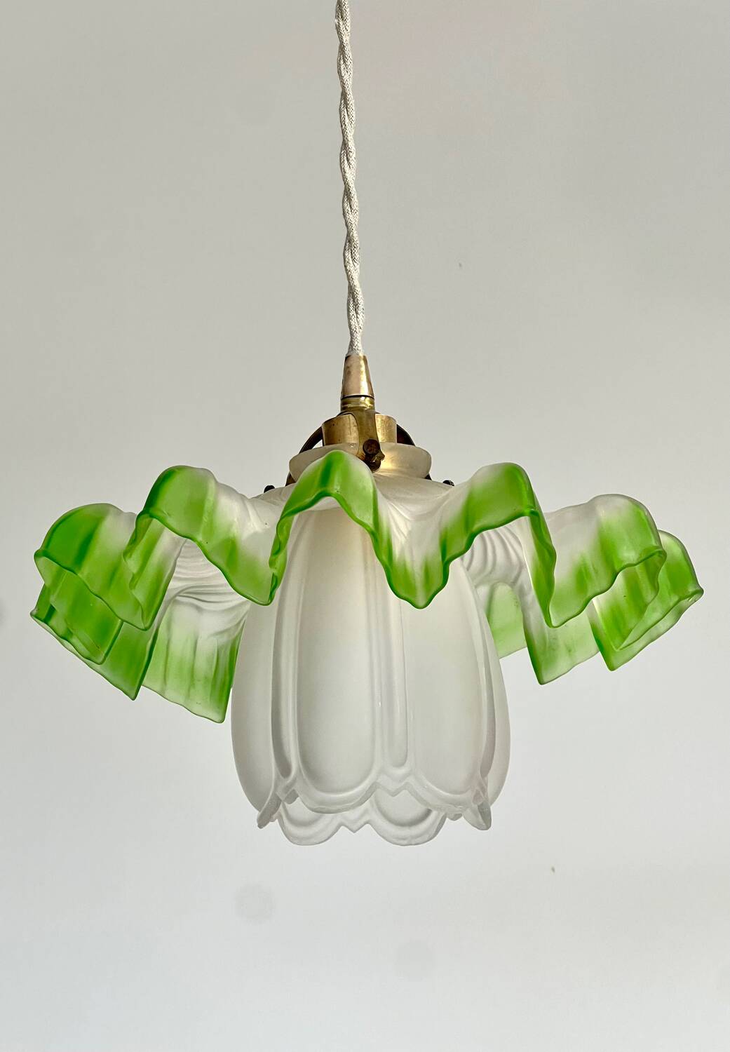 Suspension vintage opaline plissée verte et tulipe verre art déco