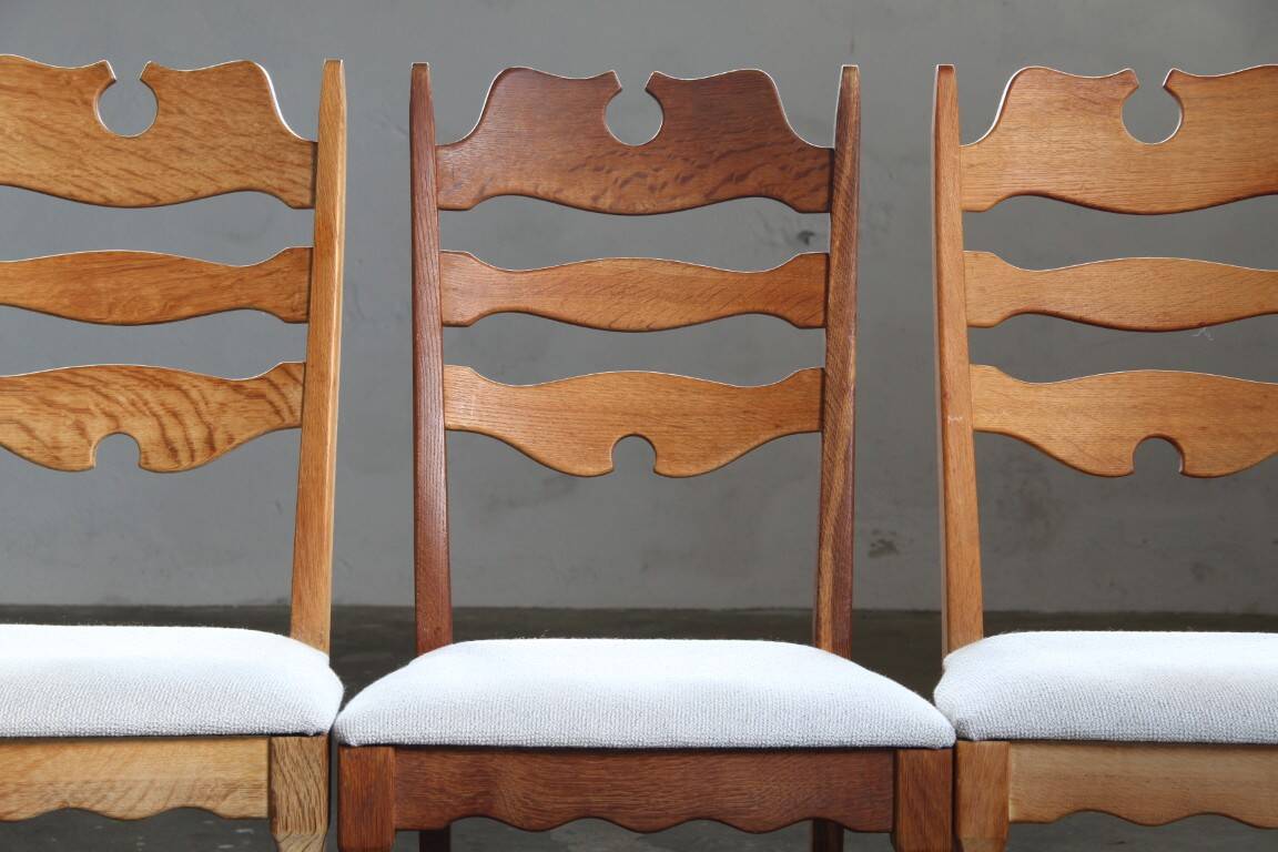 Set of 6 vintage Danish oak razorblade highback chairs by H. Kjærnulf, 1960s