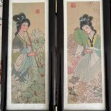 Paravent de table chinois en papier de soie peint, bois et verre