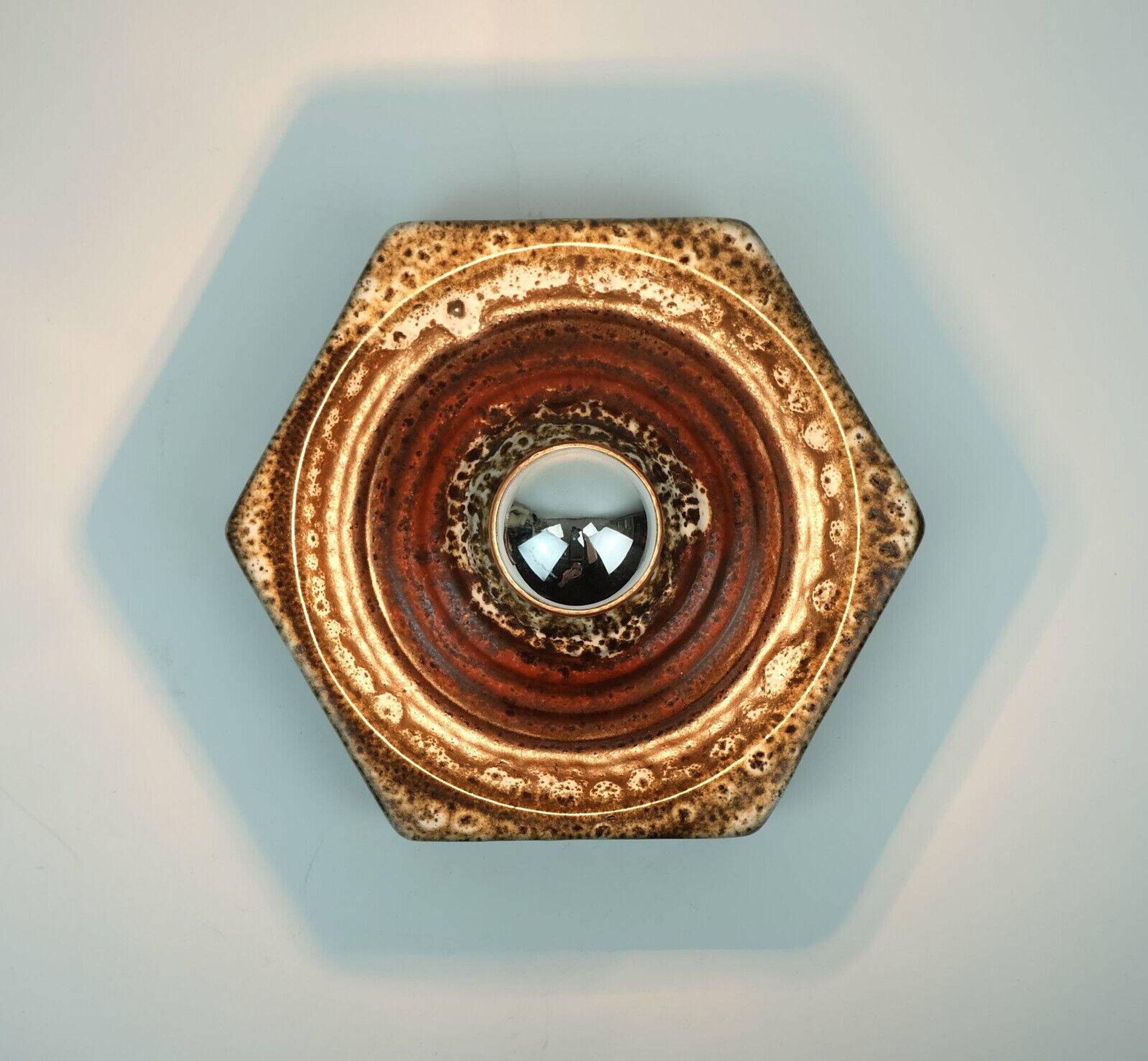 1 of 2 hexagonal mid century ceramic sconces wall lamps 1960s 1970s lava drip glaze beige brown