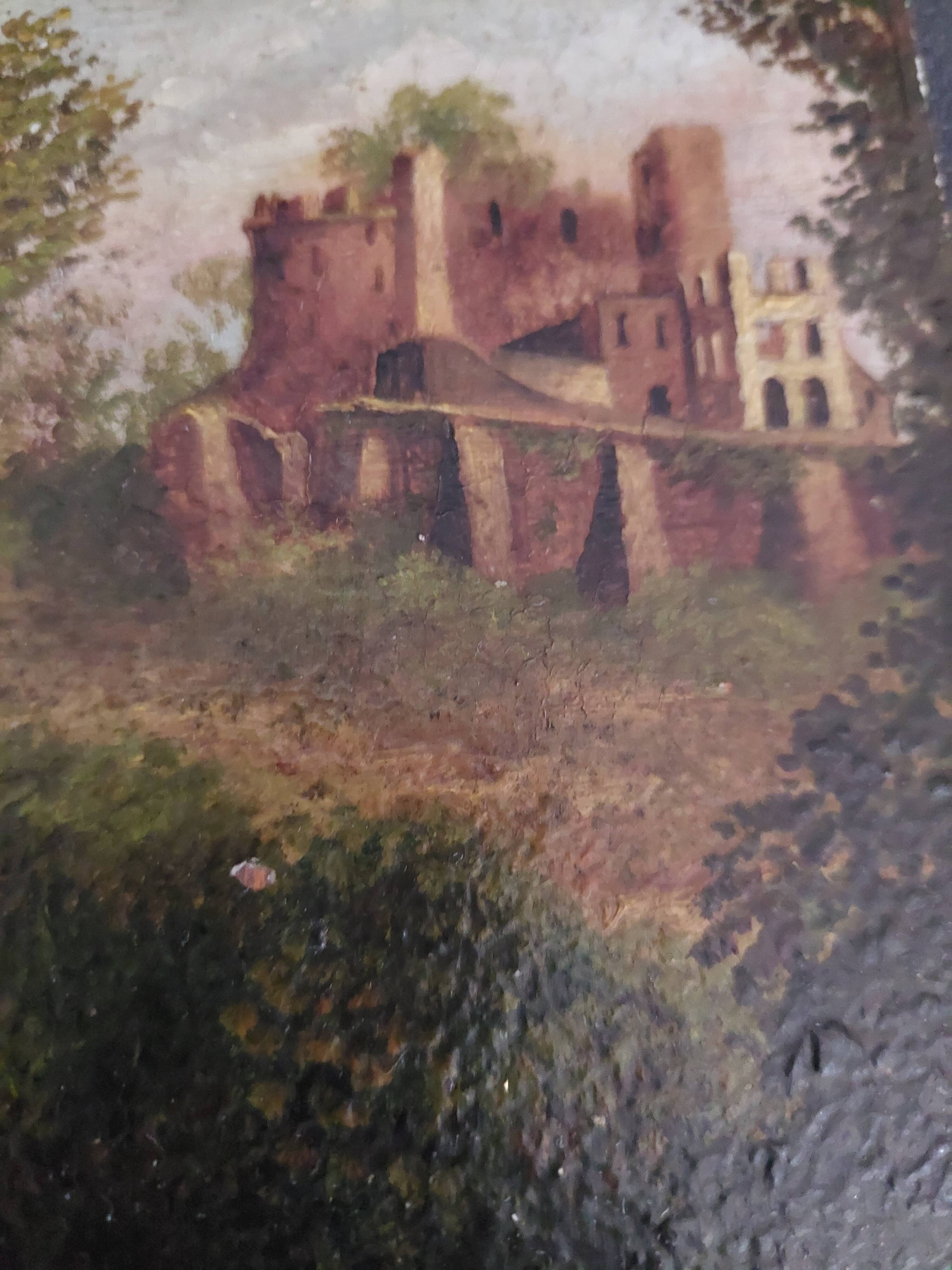 Oil painting on panel romantic landscape ruins late 19th century