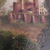 Oil painting on panel romantic landscape ruins late 19th century