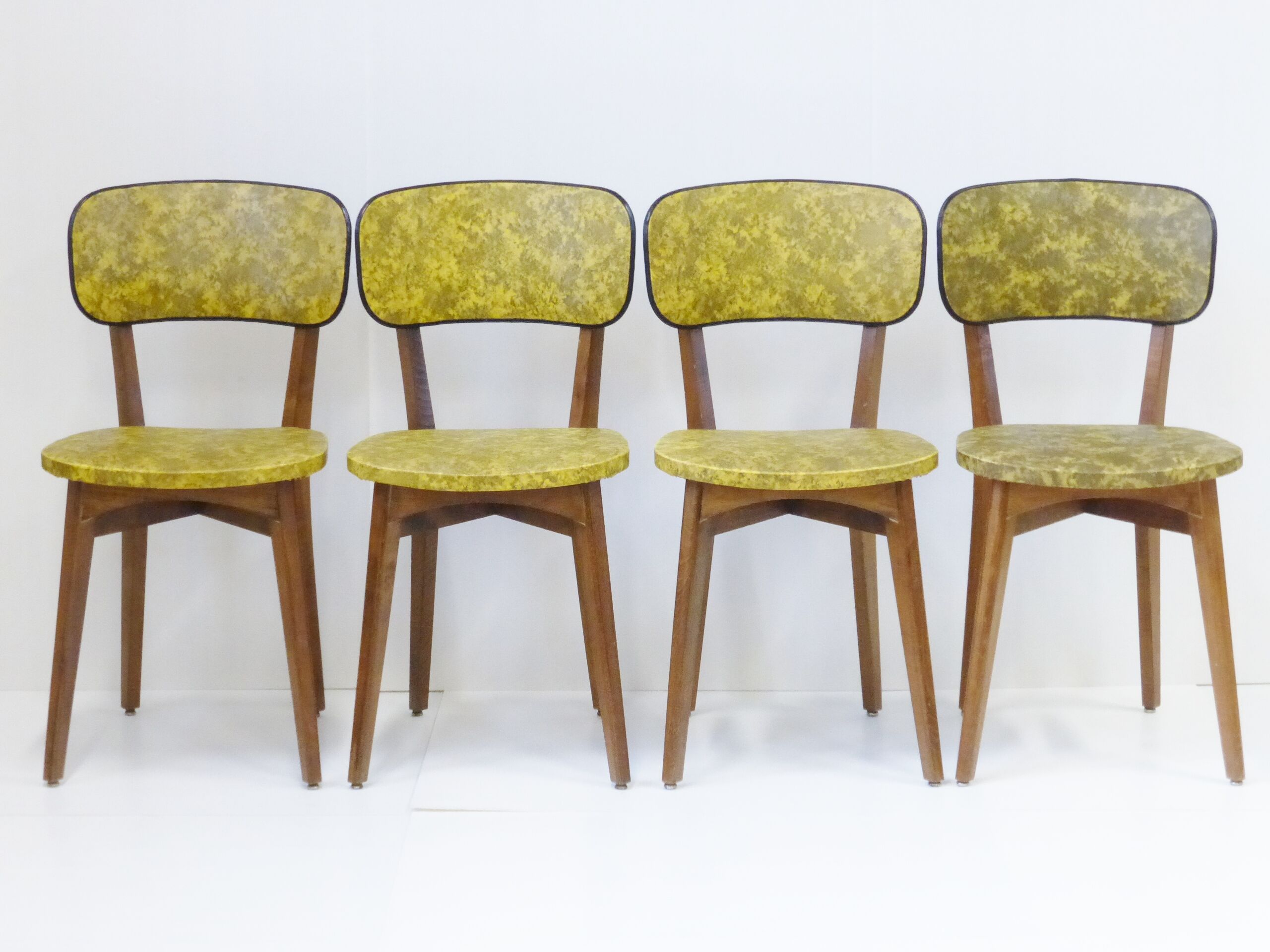 Set of 4 chairs yellow & black camouflage 1950 vintage rockabilly 50s French bistro chairs