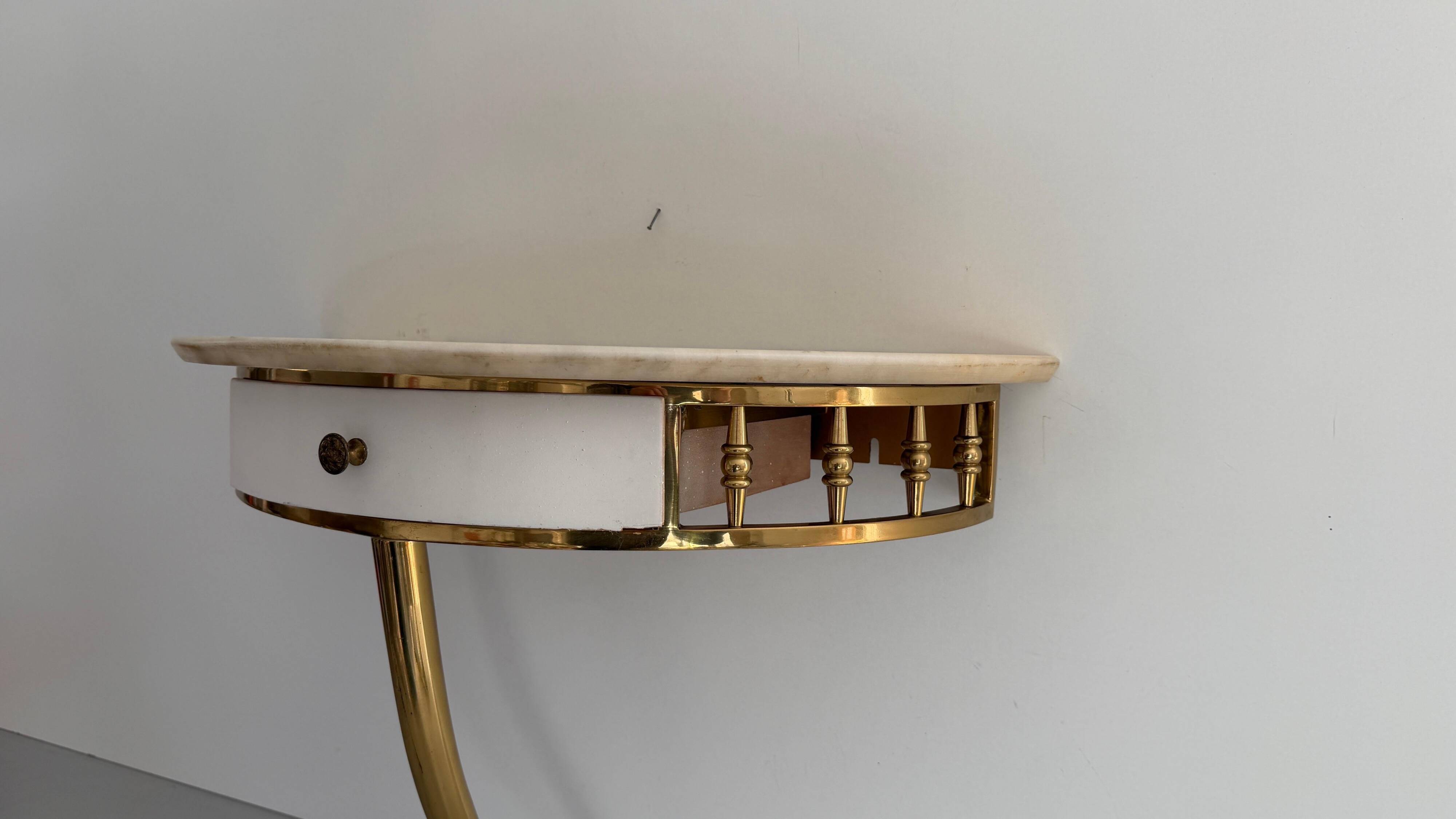 Floating wall console with drawer, brass body and marble top, 1960s, Italy