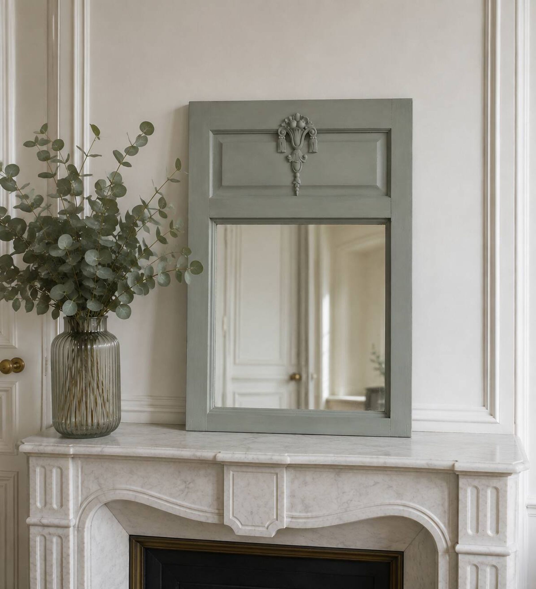 Antique mirror, painted trumeau in grey-green.
