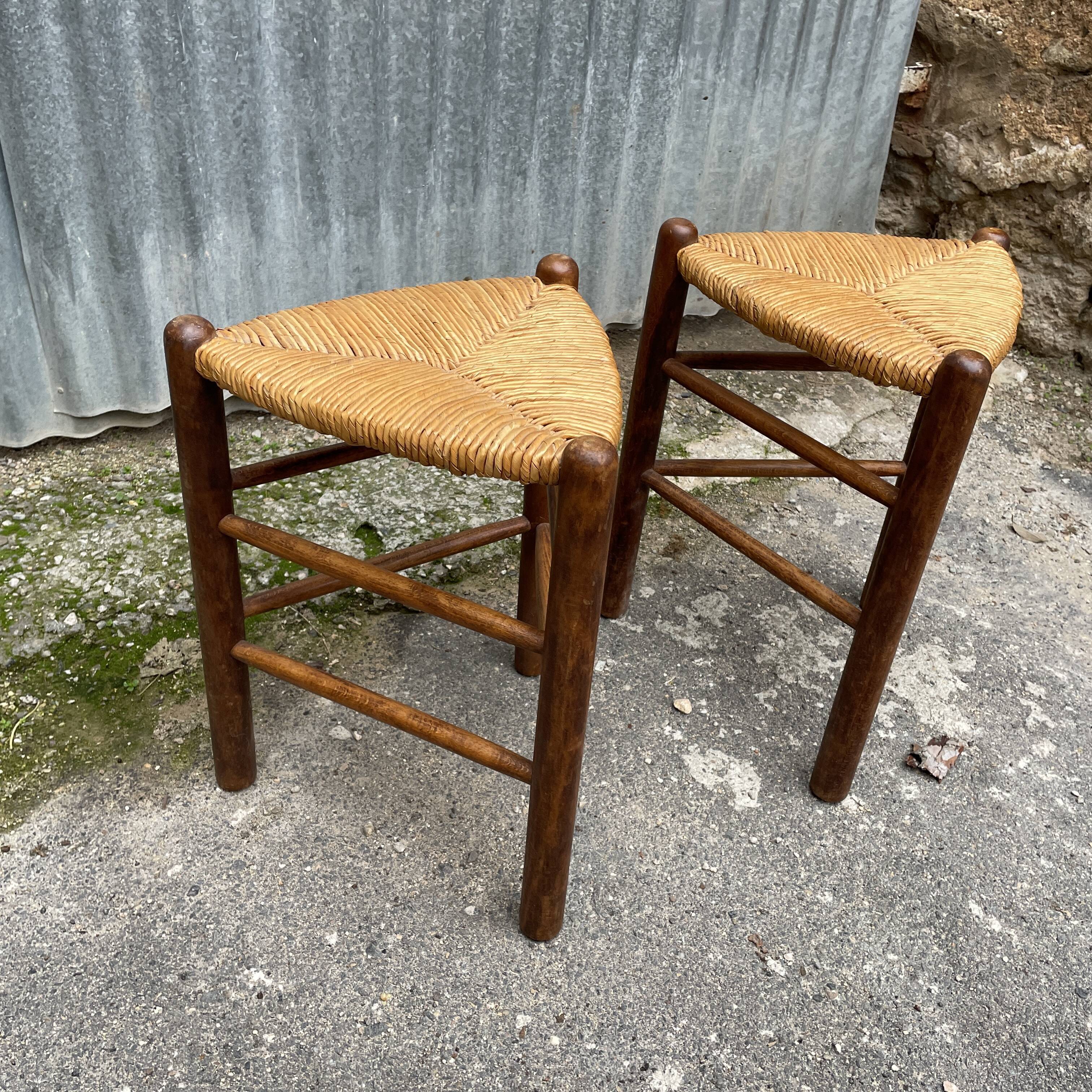 Pair tripod stool vintage design wood and straw