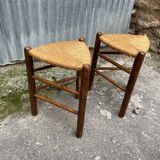 Pair tripod stool vintage design wood and straw