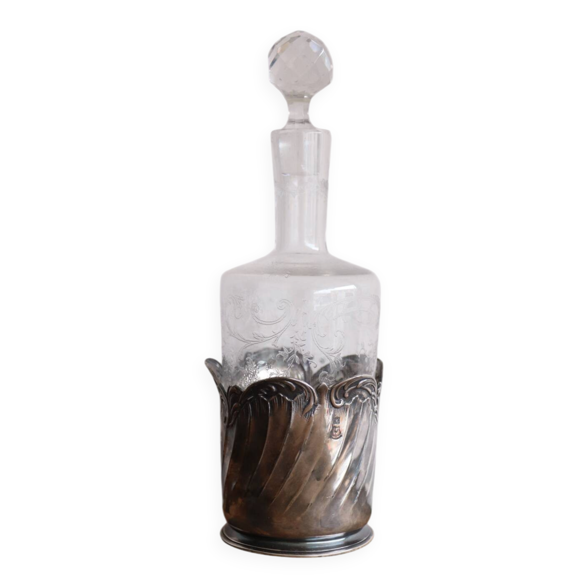 Antique glass bottle engraved and silver-plated metal – Gallia hallmark