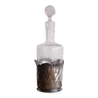 Flacon ancien en verre gravé et métal argenté – poinçon Gallia