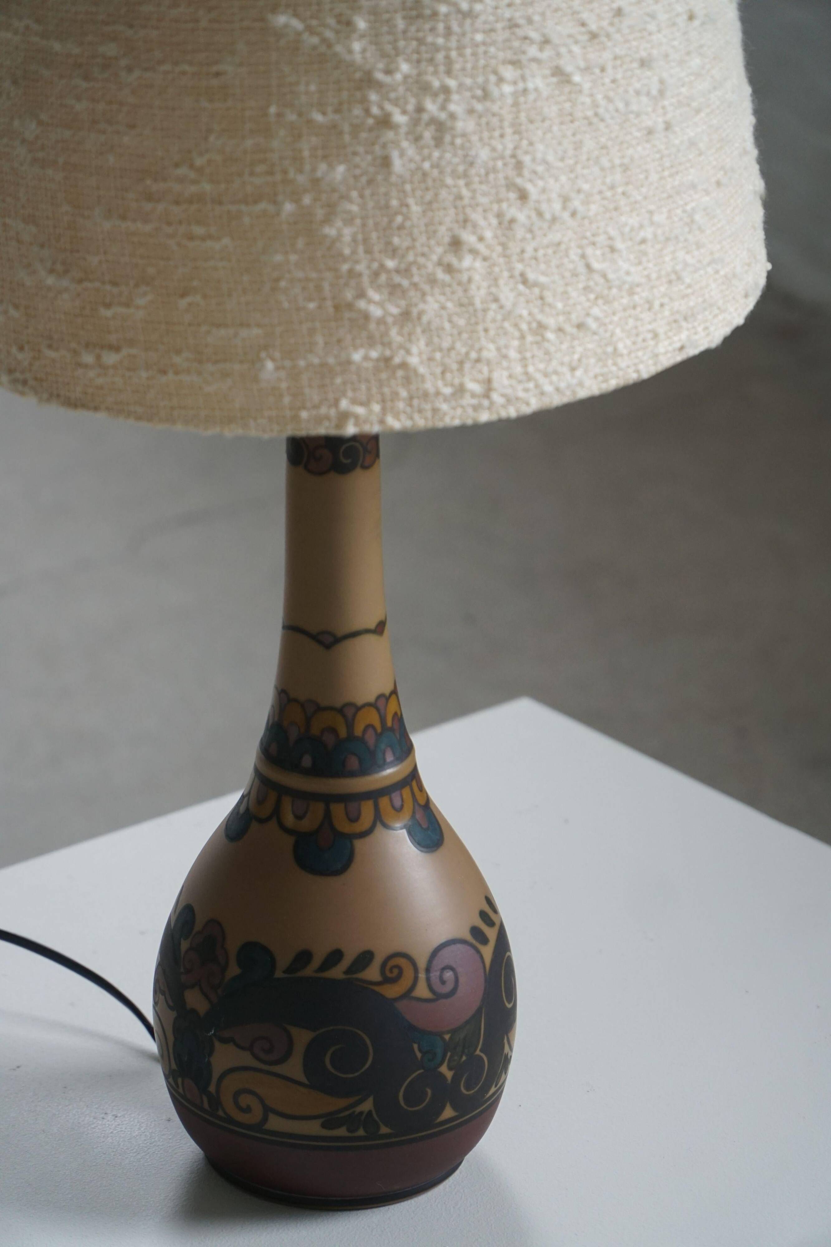 Art Nouveau table lamp in coloured terracotta by L. Hjorth, Bornholm, 1930s.