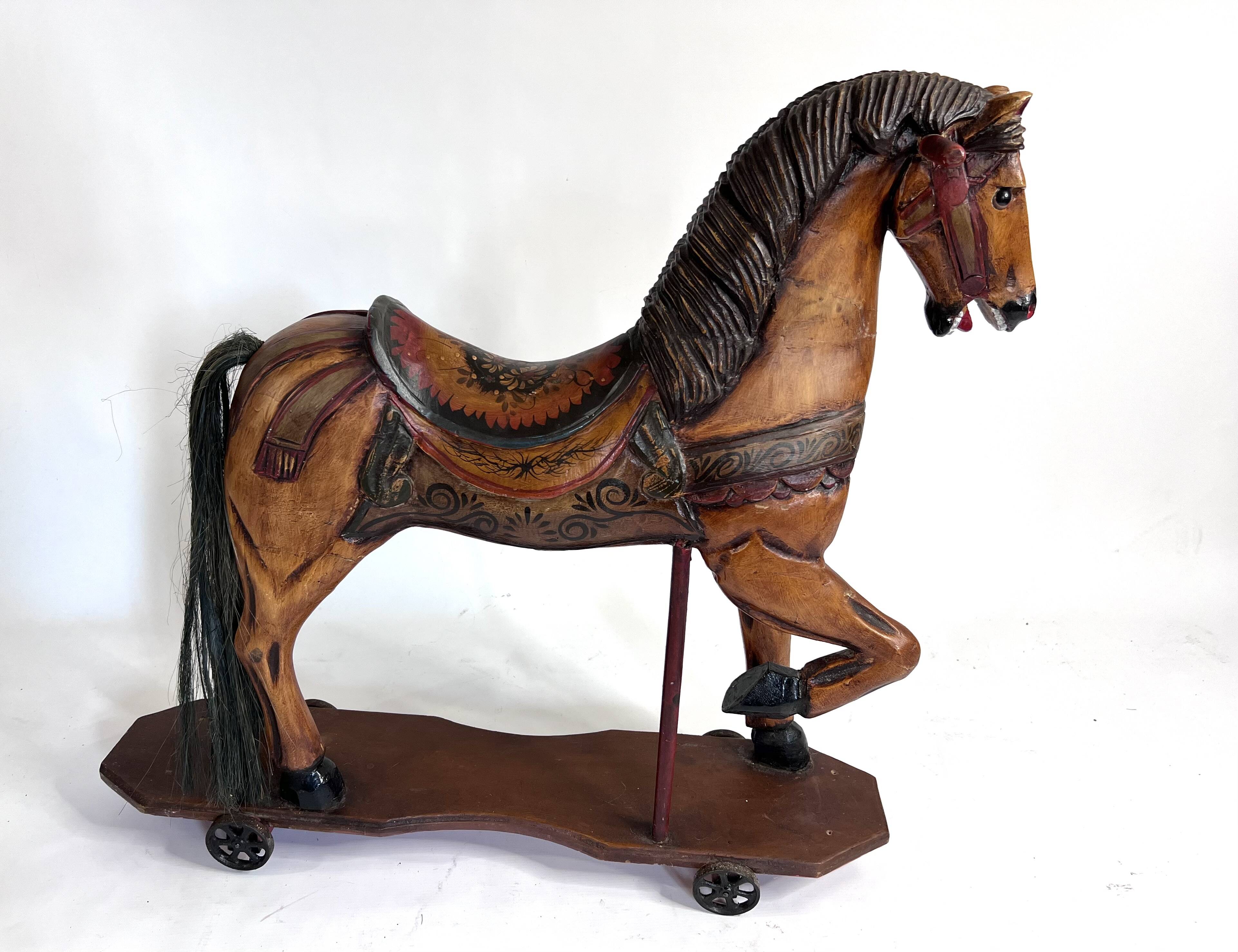 Antique painted wooden rocking horse – Large decorative model on wheels