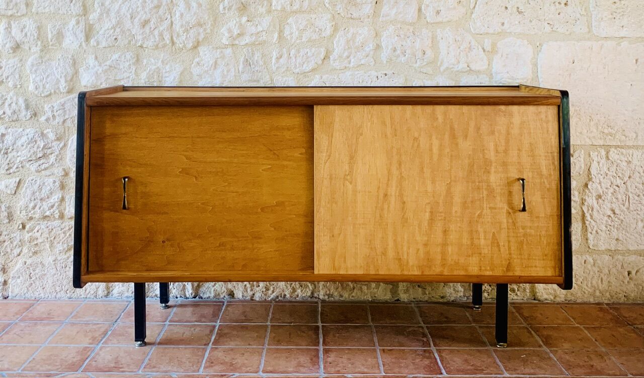 Small vintage row with sliding doors, metal legs Circa 50's