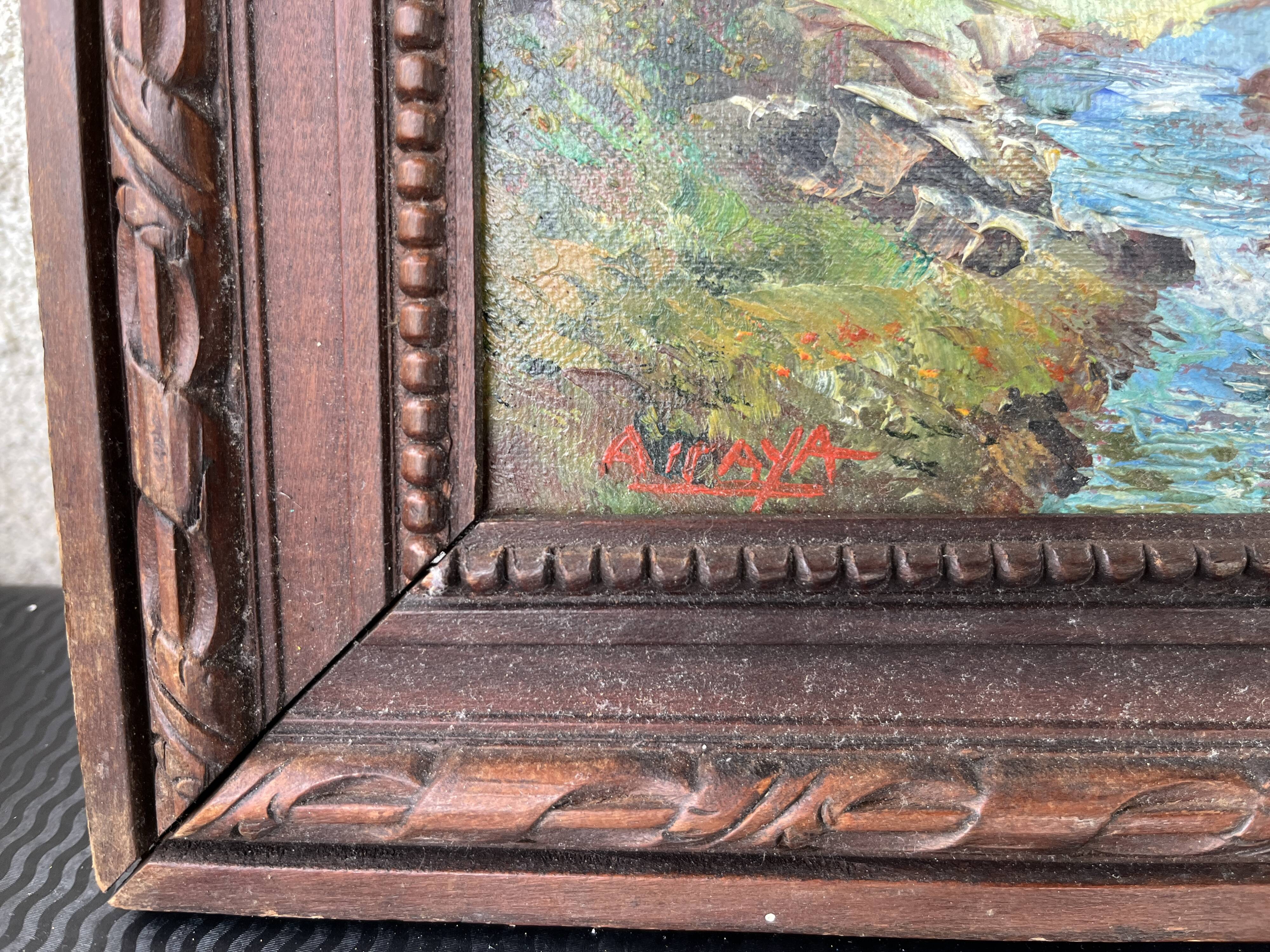 Antique painting of a mountain landscape with river and sheep signed