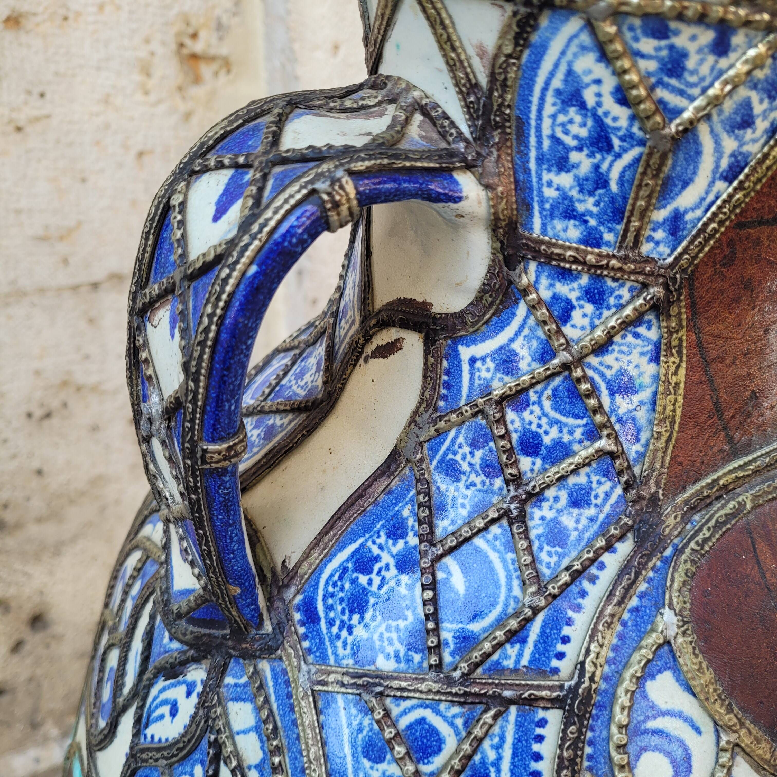 Filigree vase, ceramic, leather, enamel and metal, 19th century - Safi, Morocco