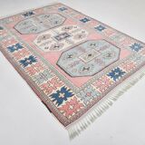 Grand tapis kilim 286x208, tons rose et bleu, motifs tribaux vintage