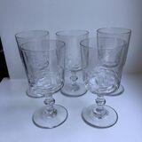 Set of 5 small crystal wine glasses engraved 50-60s