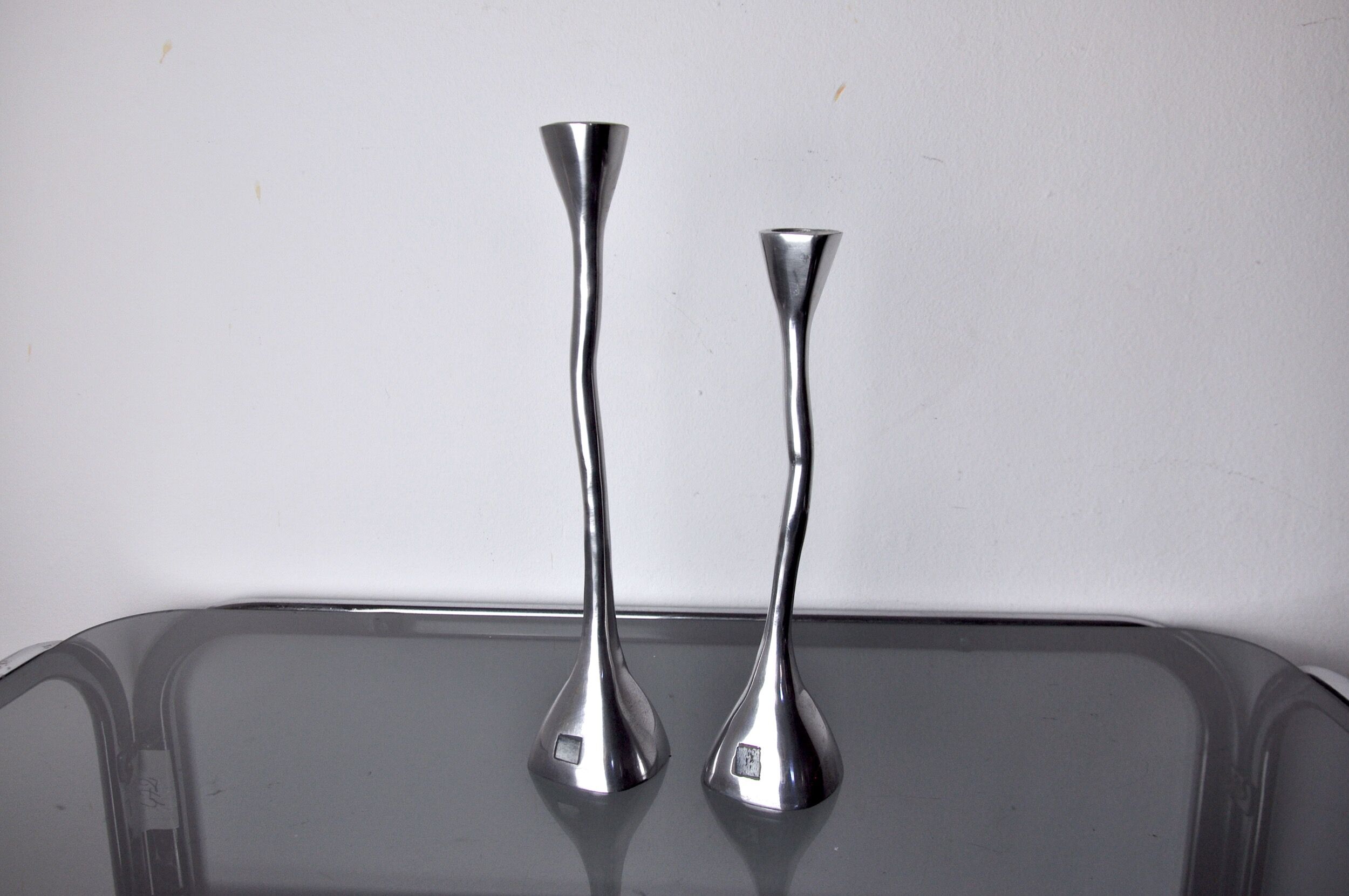 Pair of zigzag candle holders, solid aluminum and polished stone, art3, Spain, 1970