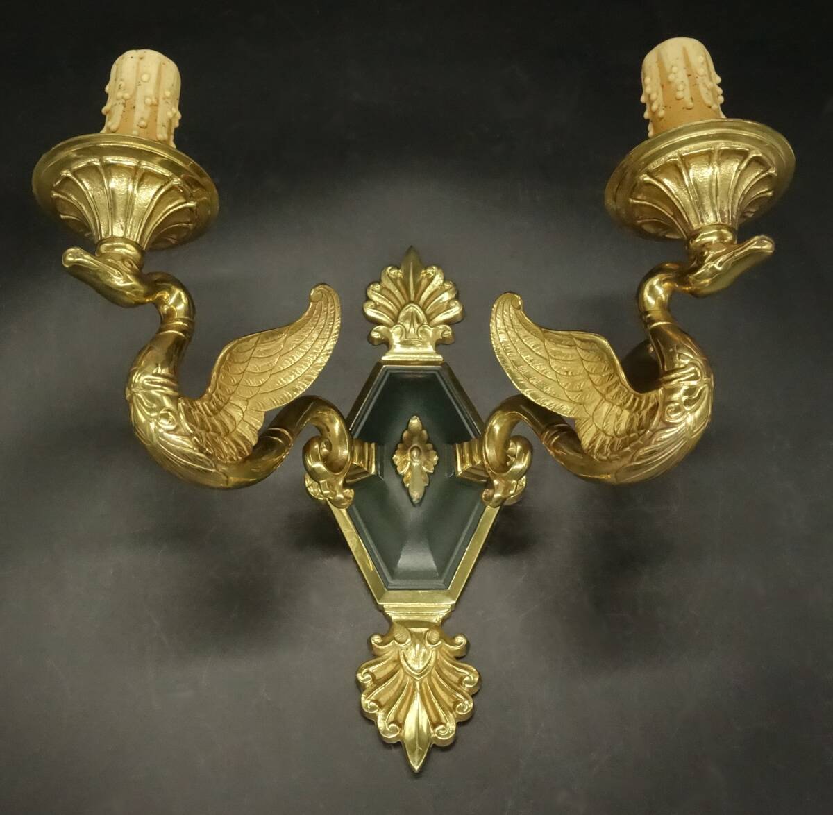 Pair of Empire style swan wall lights from Petitot - bronze & green patina