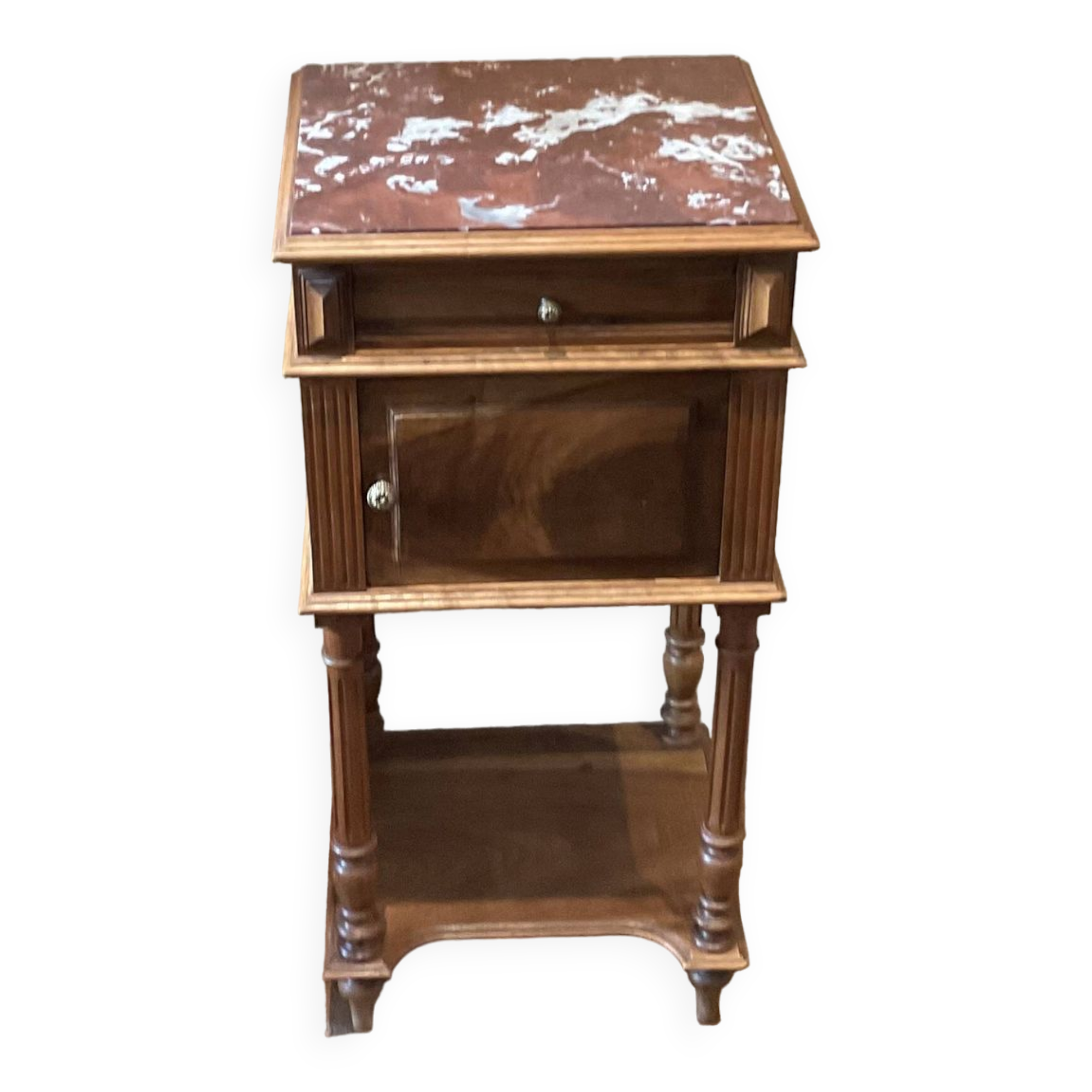 Old Henry II style bedside table in walnut with pink marble top, 19th century