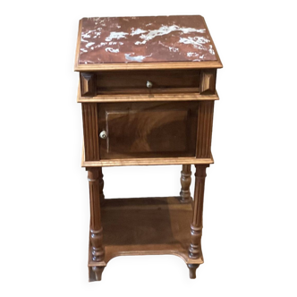 Old Henry II style bedside table in walnut with pink marble top, 19th century