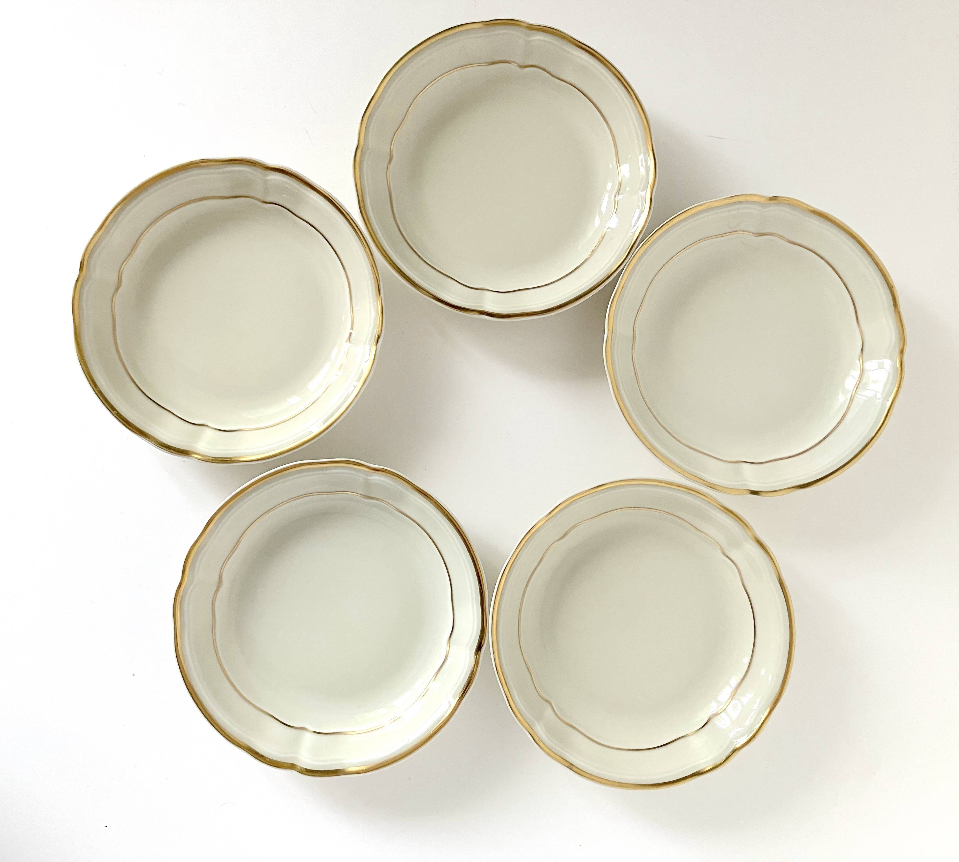 5 Bernardaud Limoges porcelain dessert bowls, Louis XV model, ivory with gold edging