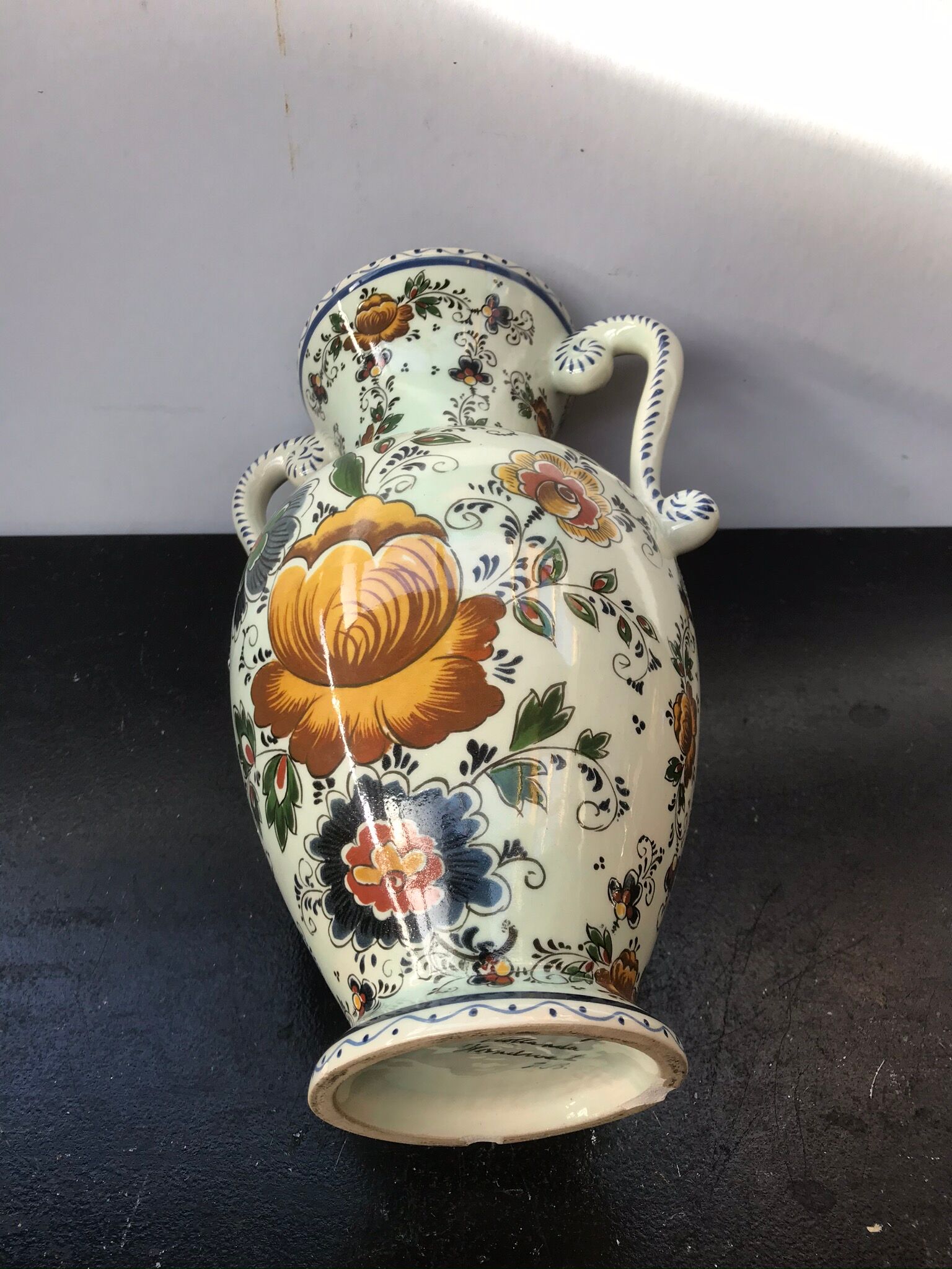 Vase Delft avec anses céramique blanc décor fleurs vintage Selency
