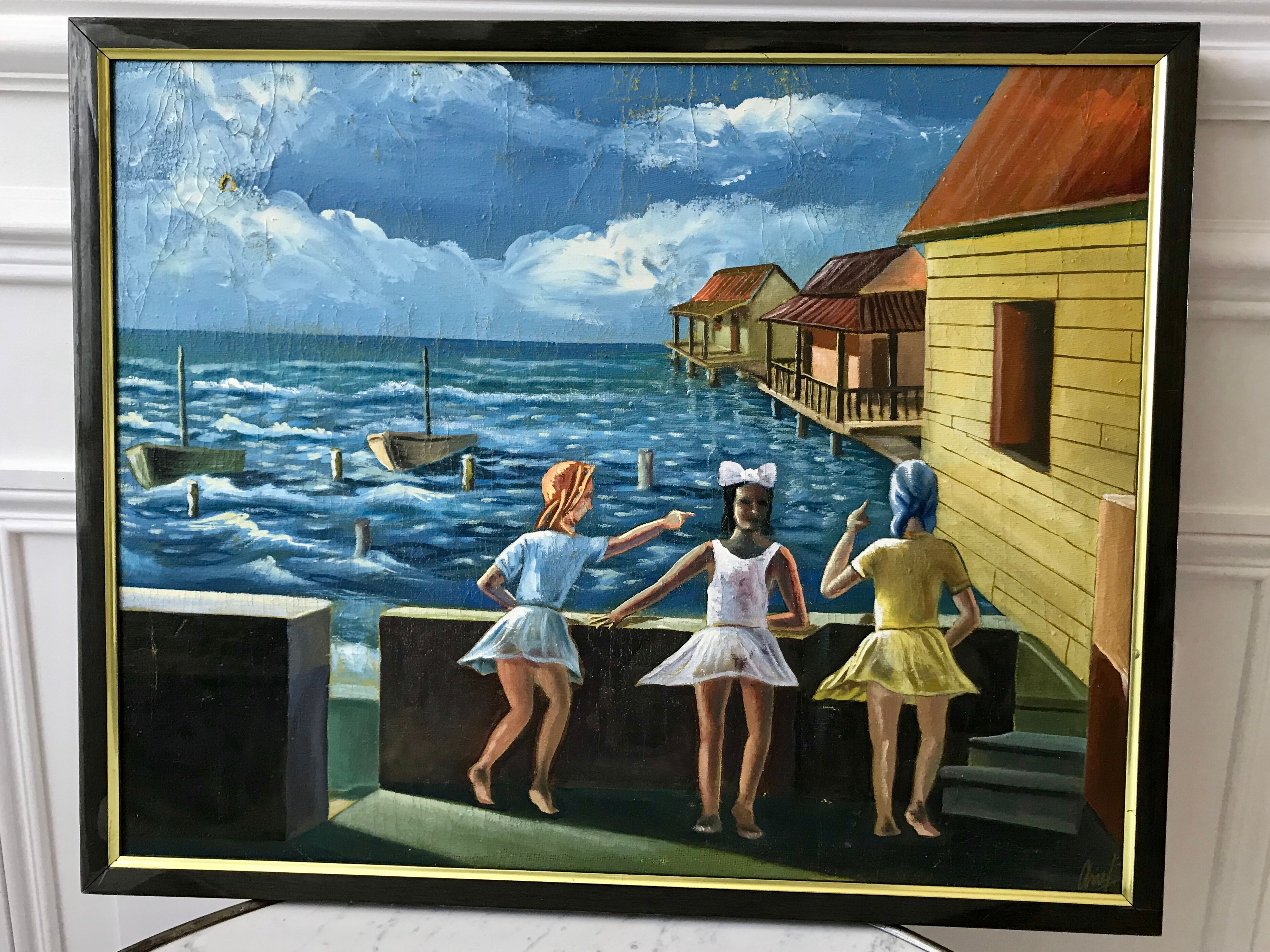 Tableau ancien mer enfants signé vintage