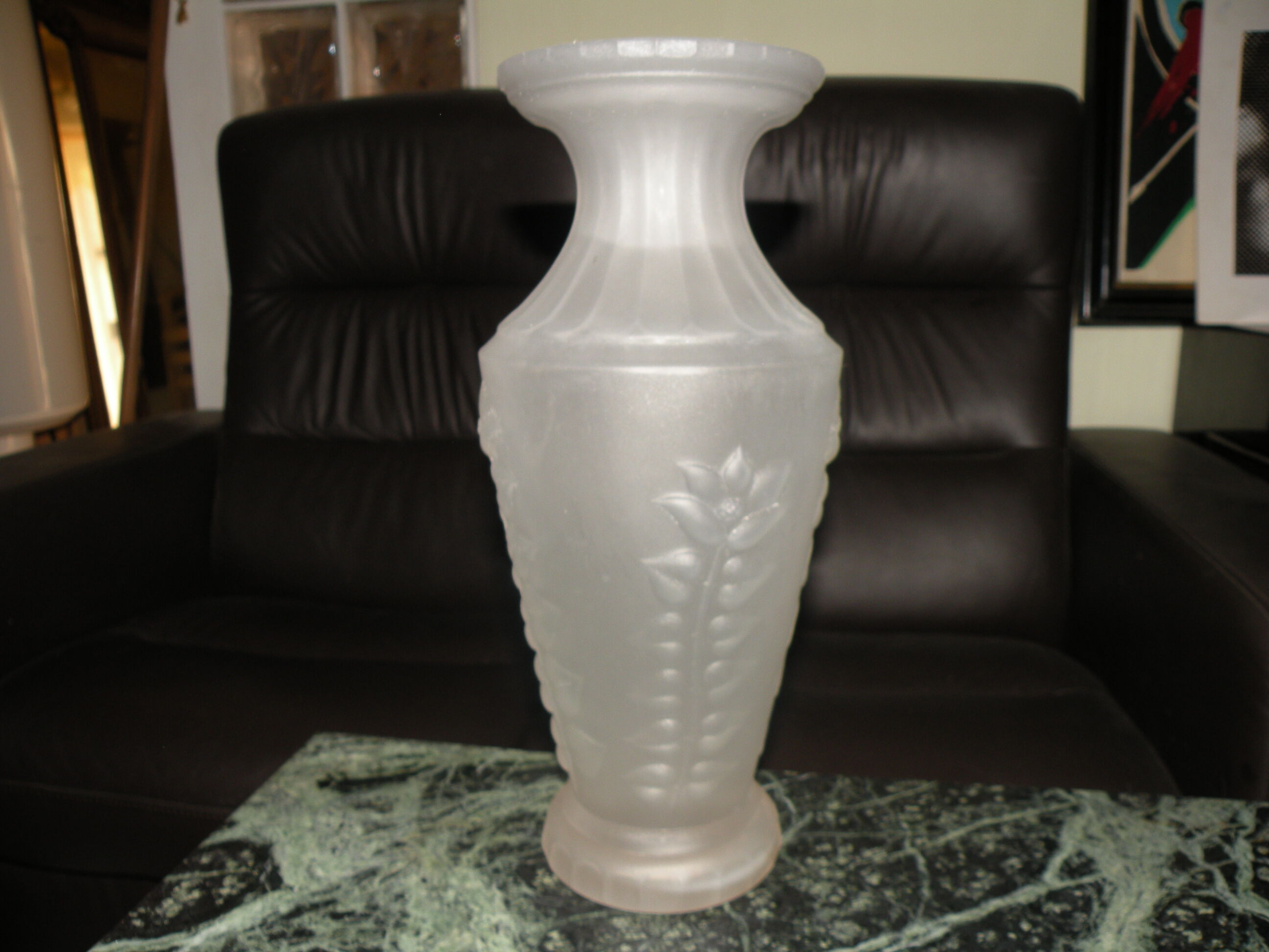 Old frosted glass vase, pressed molded flower decoration, 1940, 1950
