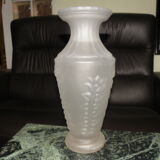 Old frosted glass vase, pressed molded flower decoration, 1940, 1950