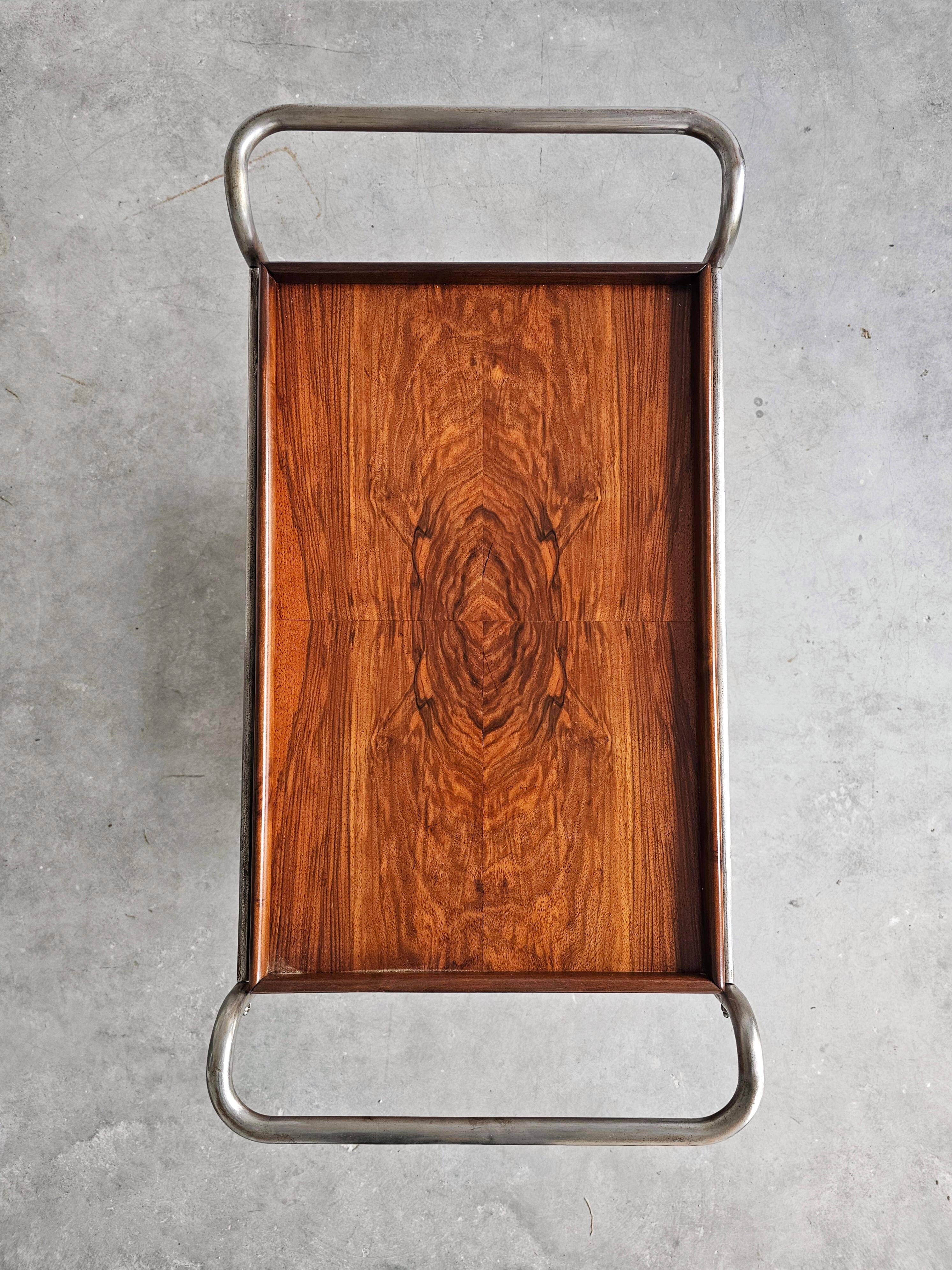 Bauhaus bar cart in walnut root veneer and steel
