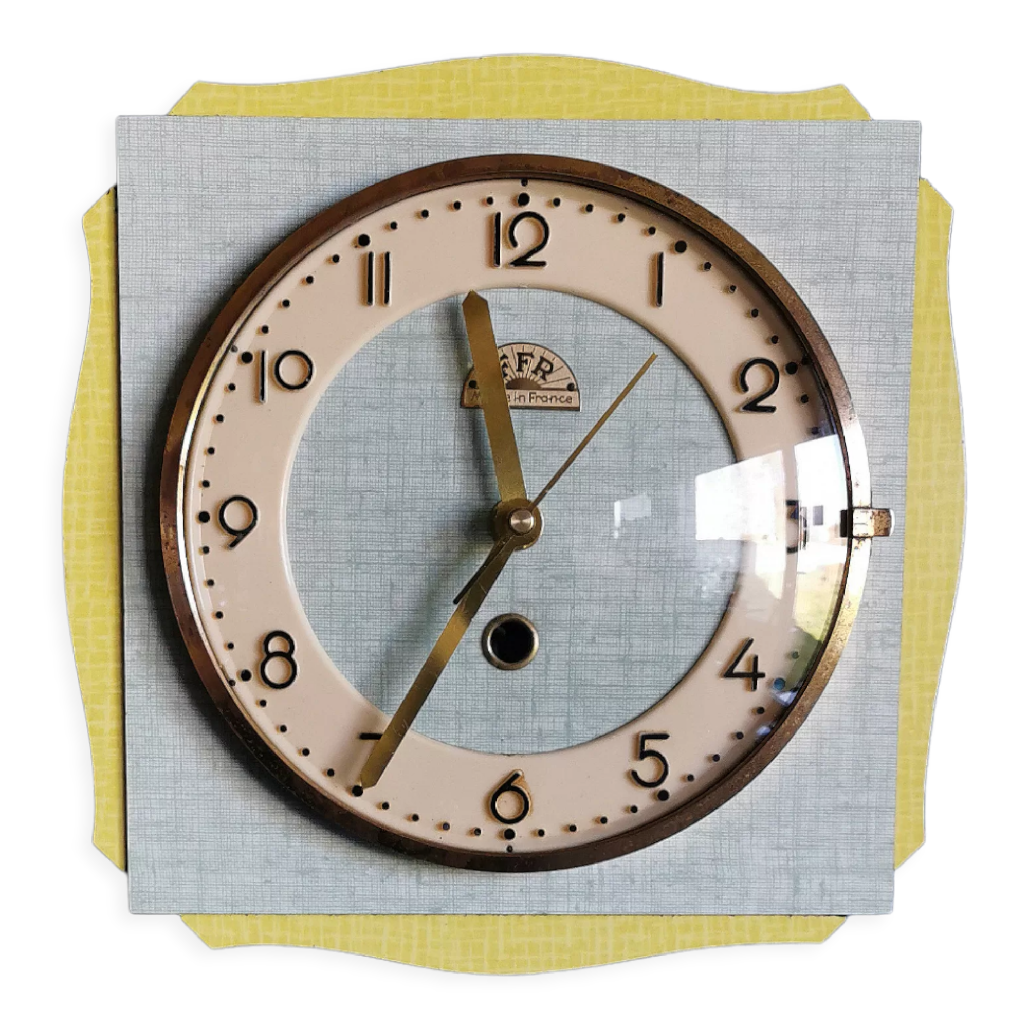 Vintage formica clock square silent wall clock "FFR yellow green"