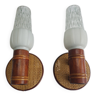 Pair of vintage rattan bamboo wall sconces