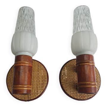 Pair of vintage rattan bamboo wall sconces