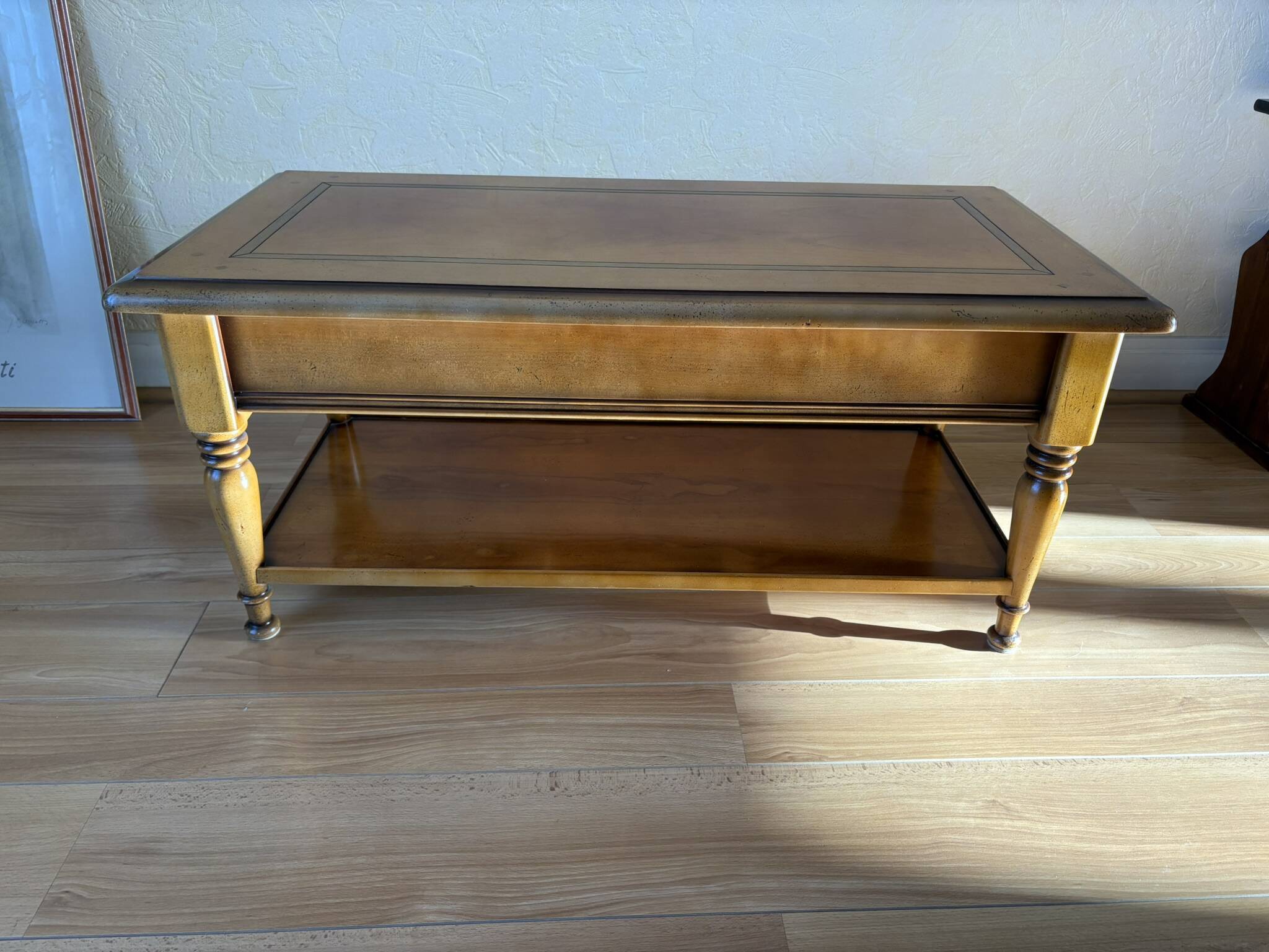 Vintage wooden coffee table with drawer and shelves