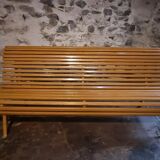 Vintage French garden bench in pine, mid-20th century.