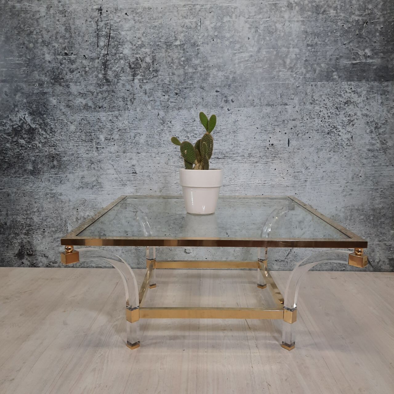 Square coffee table, lucite, brass and glass, Hollywood Regency
