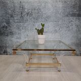 Table basse carrée en lucite, laiton et verre, Hollywood Regency