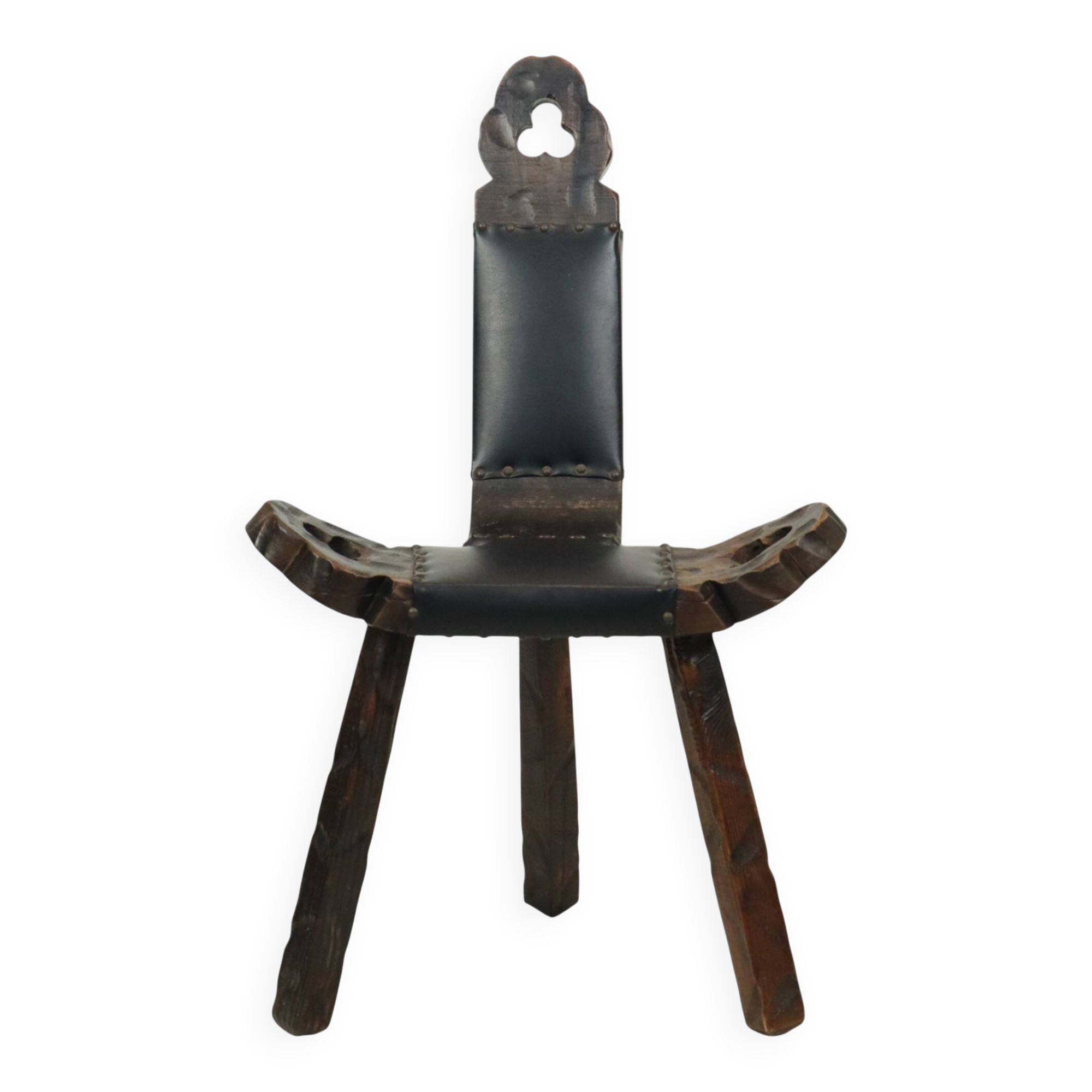 Mid Century Brutalist Tripod Chair Pine Faux Leather Spain