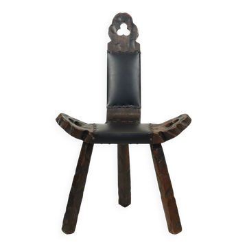 Mid Century Brutalist Tripod Chair Pine Faux Leather Spain