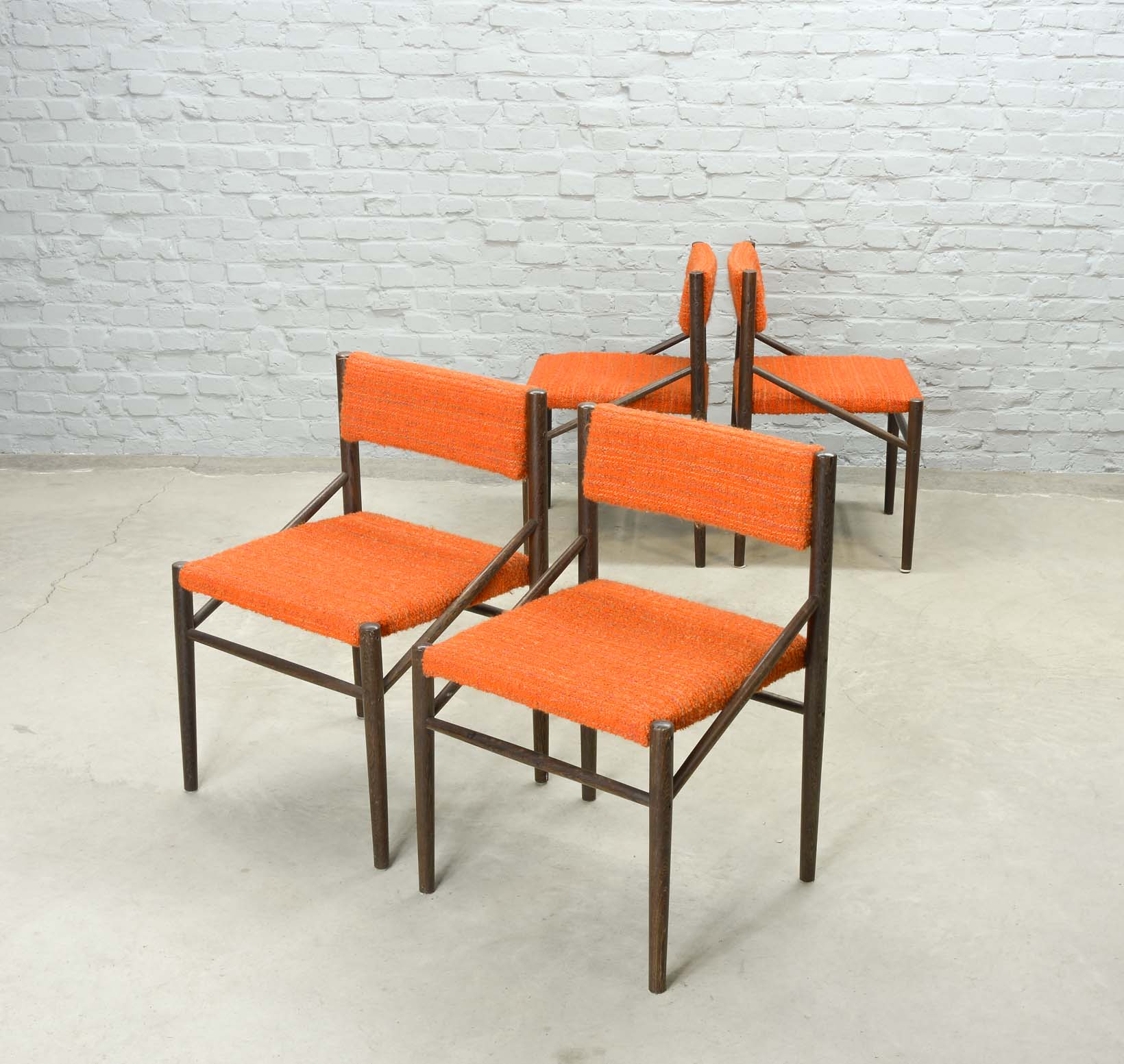 4 Wengé Wooden Dining Chairs with Orange Bouclé Fabric Upholstery 1960s