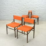 4 Wengé Wooden Dining Chairs with Orange Bouclé Fabric Upholstery 1960s