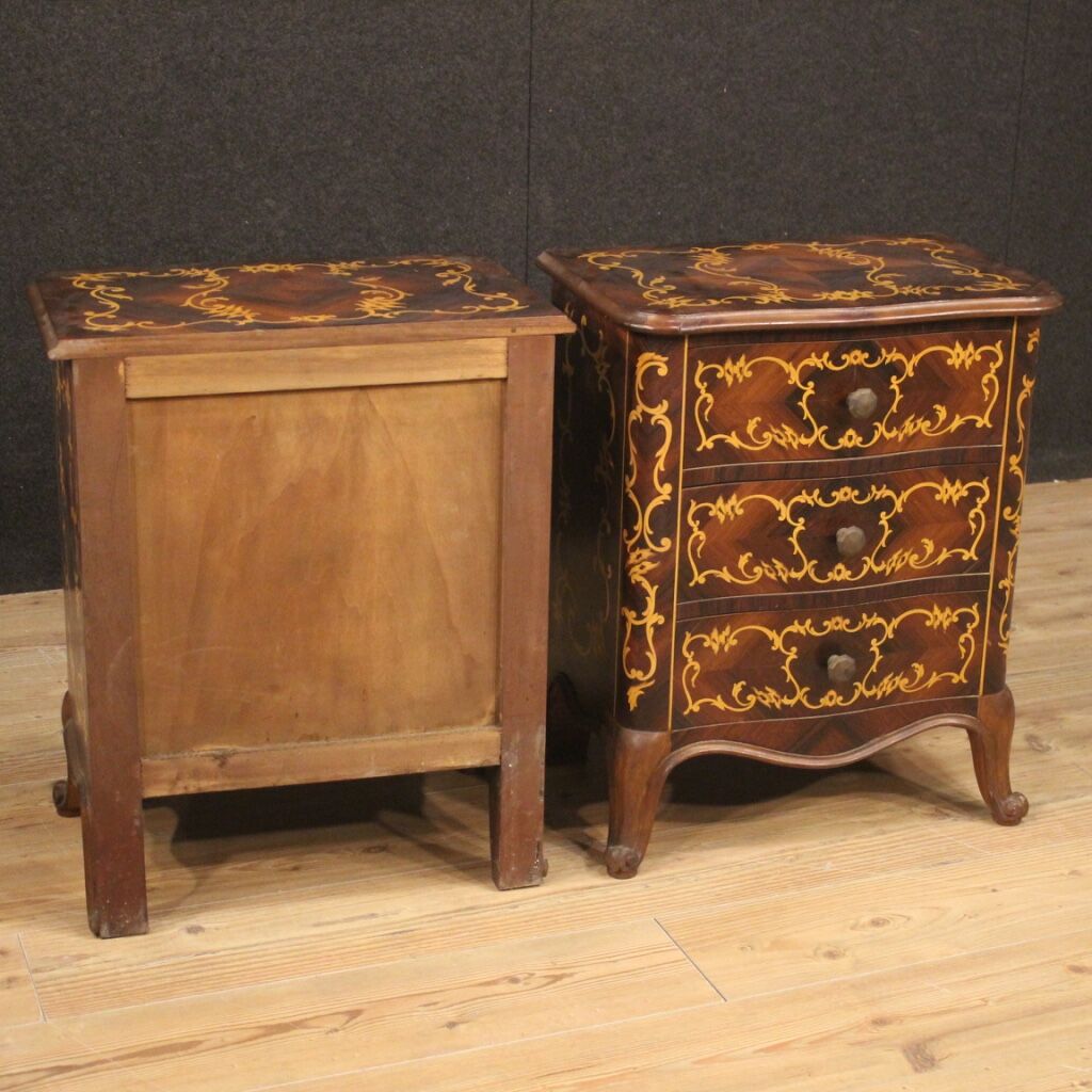 Pair of Italian inlaid bedside tables in walnut, maple and beech